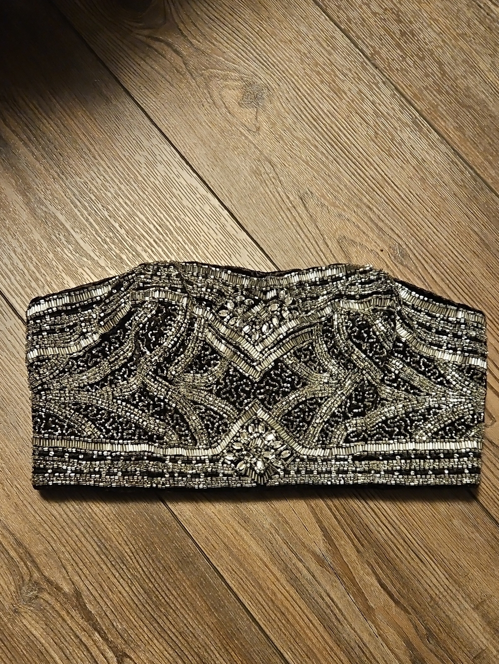 Embellished Black and Silver Strapless Crop Top